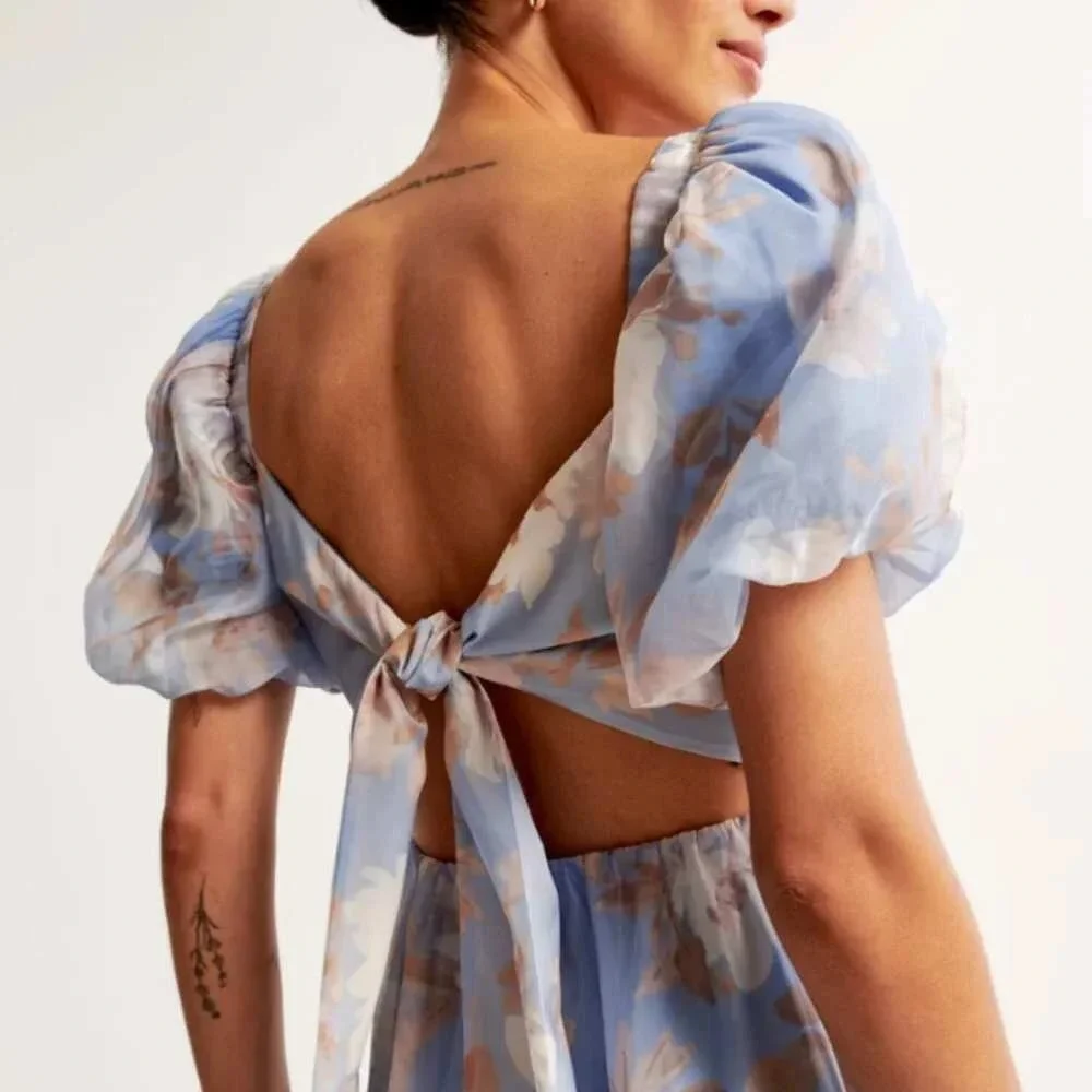 Abercrombie & Fitch Emerson Drama Bow Back Maxi Dress Blue Floral Print Medium
